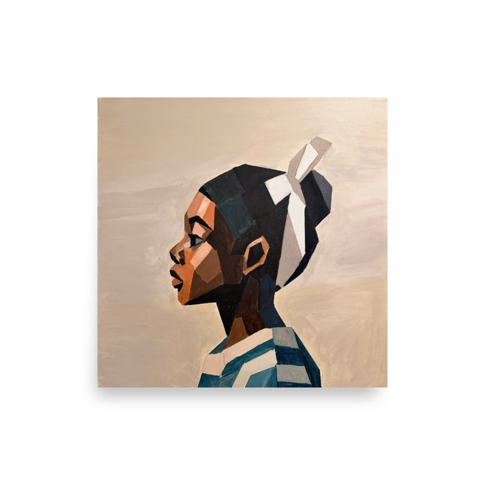 "“Held in Stillness” by Dufié Kufuor, a stylized portrait painting of a woman in profile with geometric forms and blocks of color..