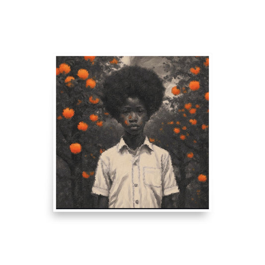 "And Ye Shall Know Them By Their Fruits" by Dufie Kufuor. A square art print featuring a stylized portrait of a Black child with an afro hairstyle, wearing a light-colored button-up shirt, set against a background of dark trees with glowing orange flowers.