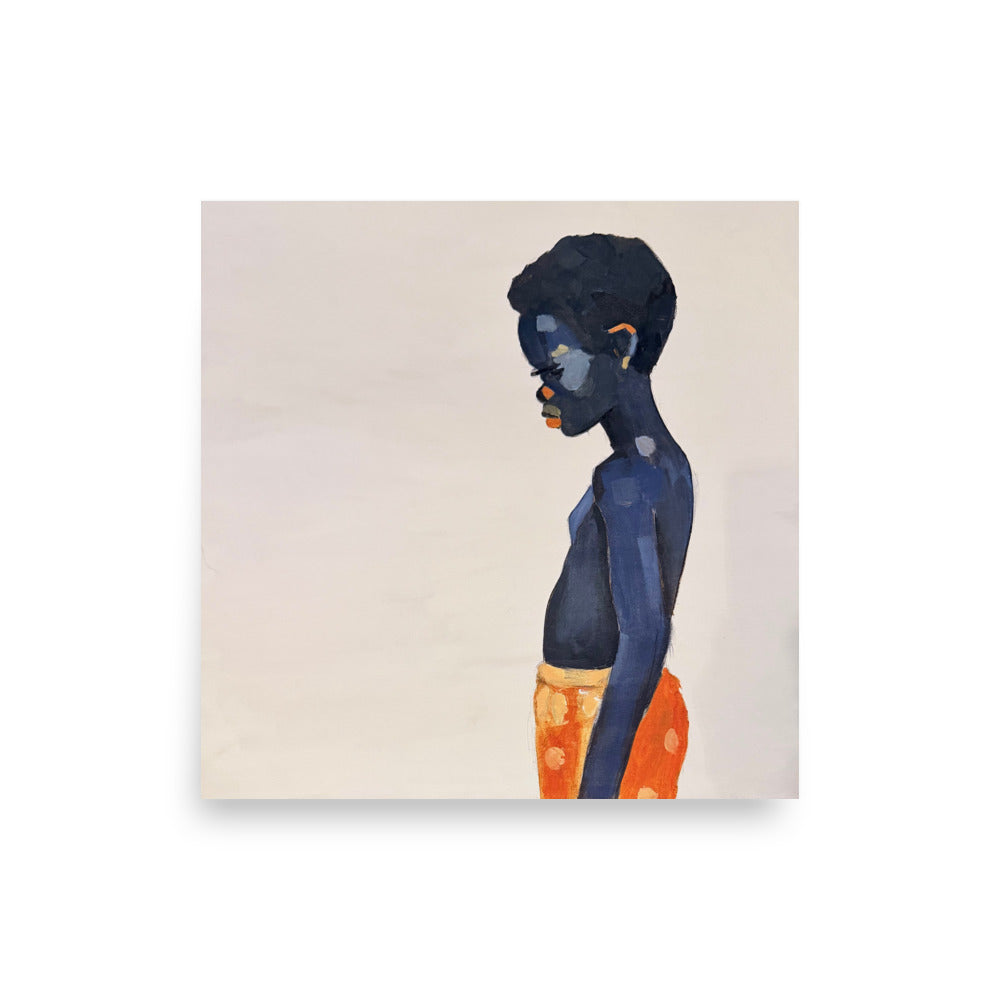 "Before the Bloom Artist" by Dufie Kufuor Artwork: A square art print featuring a profile portrait of a person with dark blue skin and orange patterned lower clothing, shown against a light beige background.