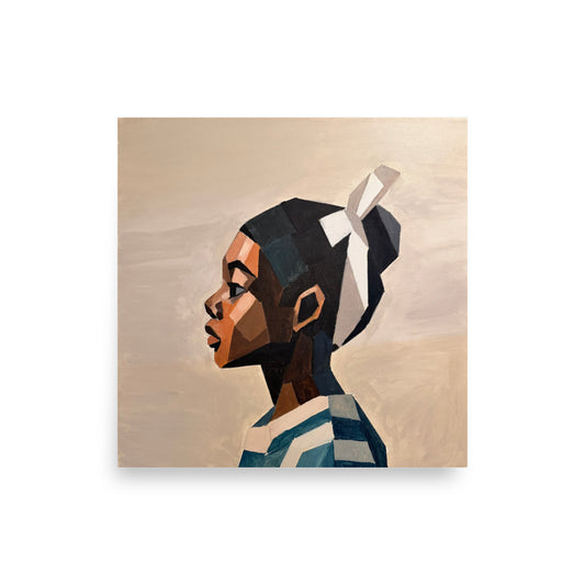 "“Held in Stillness” by Dufié Kufuor, a stylized portrait painting of a woman in profile with geometric forms and blocks of color..